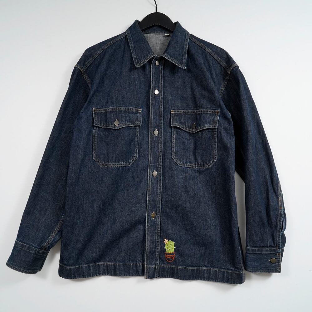 Uniqlo U Indigo Denim Utility Shirt Jacket Cactus Embroidery Oversized S